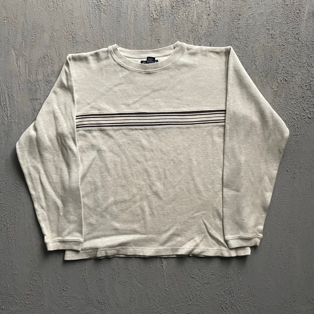 Vintage Striped Chest Long Sleeve Shirt Mens Medium Beige 90s Cherokee